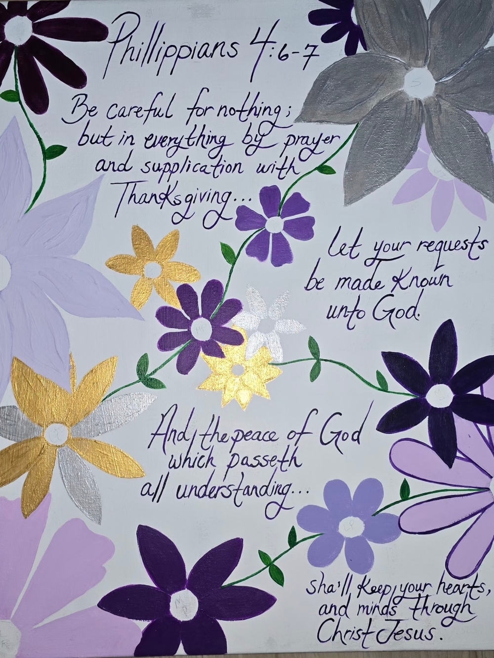 Hand-Painted Floral Scripture Wall Art - Purple, Gold & Silver